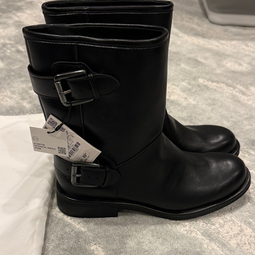 Zara Black Womens Double-Buckle Leather Boots